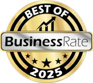 Gold and black circular badge with a rising graph icon, the words “Best of BusinessRate,” and five stars. The badge also displays the year “2025” at the bottom, making it ideal for use in an Award Slider or Tooltip display.