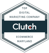 A hexagonal badge with the Clutch logo in the center, reading Top Digital Marketing Company, Ecommerce, Maryland. The badge features shades of gray and dark blue, symbolizing recognition and awards for outstanding service.