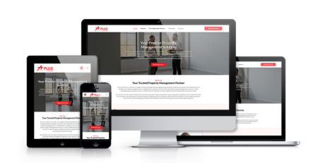 A responsive property management website for A Plus Tenant is displayed on a smartphone, tablet, laptop, and desktop computer, all with a similar layout featuring a white background and red accents.