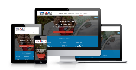 Four devices—a desktop, laptop, tablet, and smartphone—display the same website for A&J Sells Cars, showcasing a car selling service with bold headings, call-to-action buttons, and a blue header section.