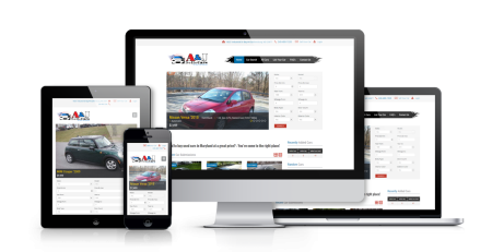 A&J Sells Cars' dealership website is displayed responsively on a desktop monitor, laptop, tablet, and smartphone, showcasing car listings and search features on a white background.