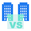 Two blue buildings on either side of the image with two smaller green buildings in the center, separated by large letters VS, evoke an Xtreme News showdown between categories or info boxes.