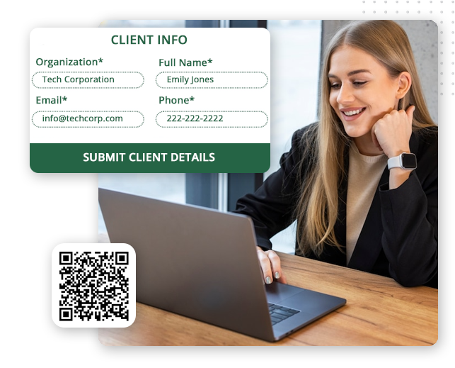 A woman with long blonde hair, wearing a black top and smartwatch, smiles while using a laptop. An overlay displays a client info form with sample details and a QR code, highlighting the benefits of CRM software for small businesses.