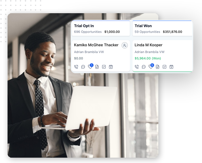 A smiling man in a suit uses a laptop. Overlaid are two panels showing sales opportunity data, including names, amounts, and statuses such as Trial Opt In and Trial Won—perfect for showcasing CRM software for small businesses.