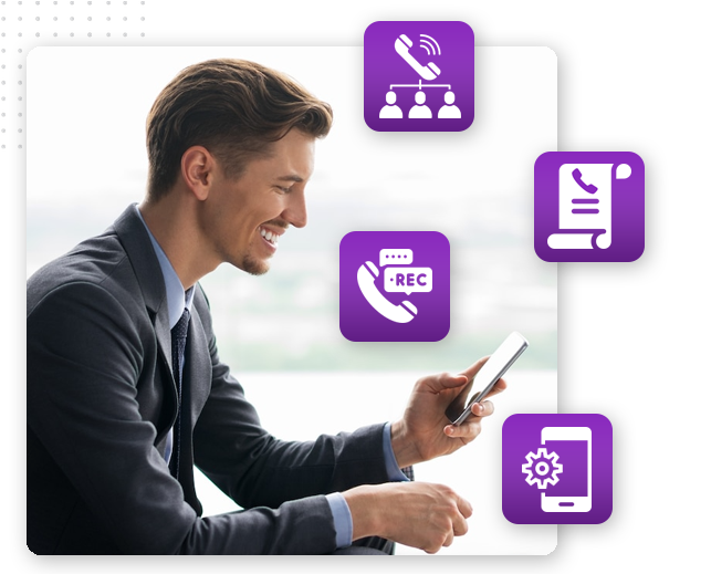 A smiling man in a suit looks at his smartphone. Around him are purple icons depicting conference calling, call recording, a document, and a smartphone with settings, reflecting features of the best CRM software for any automation company.