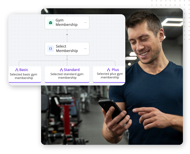 A man in a gym smiles while looking at his smartphone, possibly exploring CRM Software for Small Businesses. Next to him is a flowchart with steps to choose a gym membership plan. Gym equipment is visible in the background.
