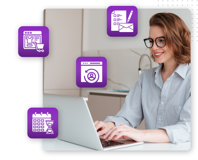 A woman wearing glasses and a striped shirt is smiling while typing on a laptop. Surrounding her are four purple icons representing email, scheduling, shopping online, and user profiles.