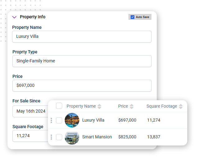 A property info form with fields for name, type, price, sale date, and square footage streamlines business process automation. Below, a table lists two properties: Luxury Villa ($697,000, 11,274 sq ft) and Smart Mansion ($825,000, 13,837 sq ft).