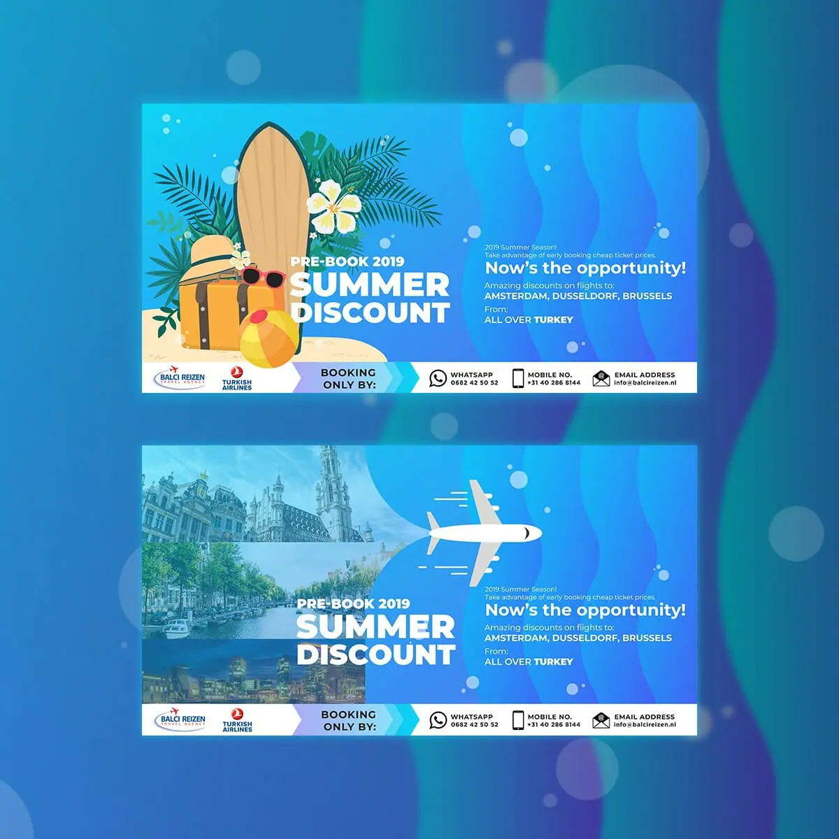 Balci-Travels Two colorful travel banners, crafted by a top graphic design company, offer a Pre-Book 2019 Summer Discount with tropical items, surfboards, and an airplane over a cityscape, promoting trips to Amsterdam, Dusseldorf, Brussels, and Turkey.