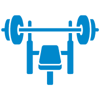 Blue icon of a bench press with a barbell and weights, viewed from the front, representing gym or weightlifting equipment—ideal for wellness marketing campaigns or use by a gym marketing agency.