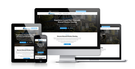 A Home Services Case Study is showcased as the Breezeall Window Cleaning website appears seamlessly on desktop, laptop, tablet, and smartphone screens, highlighting its responsive design across all devices.
