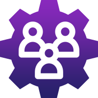White icons of three people inside a purple gear shape, symbolizing teamwork and collaboration within an operations management or automation solution context.