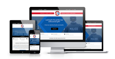 A police merchandise website from Chicago Fire & Cop Shop is displayed on a desktop, laptop, tablet, and smartphone, showing a consistent blue theme with police imagery and the text Looking for the perfect law enforcement gift?.
