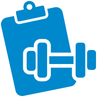 Blue icon of a clipboard behind a dumbbell, symbolizing fitness planning or workout tracking—perfect for use by a gym marketing agency or wellness marketing campaign.