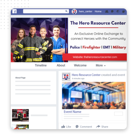 Craft Engaging Profile Designs-img A social media profile page for The Hero Resource Center, managed by a leading social media management company, features four uniformed professionals and a banner promoting an exclusive online exchange for heroes. Event section shown below.
