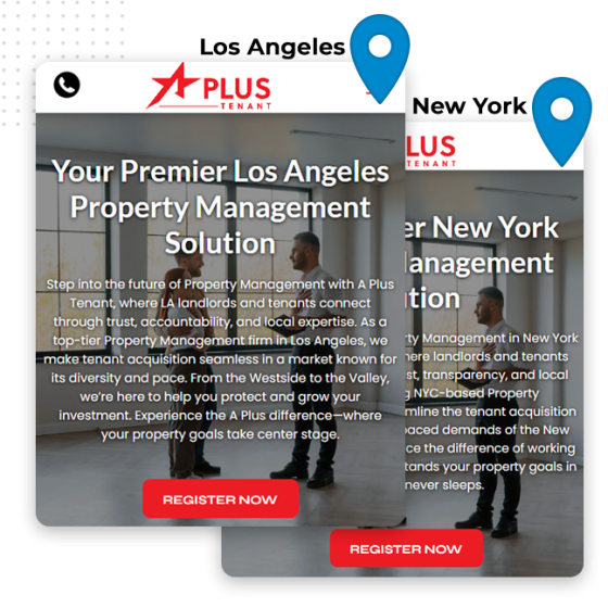 Two overlapping cards promote property management services in Los Angeles and New York. Each card highlights local landing pages with a location pin, company logo, brief service description, and a prominent red Register Now button.