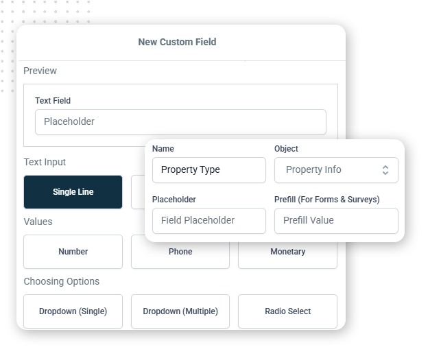 A user interface screen for creating a new custom field in CRM management software, showing a text input preview and options for field type, name, placeholder, and object, with buttons for values and dropdown selection.
