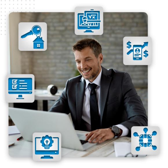 A smiling man in a suit works on a laptop at a desk, surrounded by blue financial, real estate, and technology icons—reflecting the expertise of custom web development and expert front end developers.