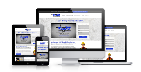 Responsive website for DMV Core Drilling Services displayed on desktop, laptop, tablet, and smartphone—each showing the business logo, service info, a construction worker image—featured in our Home Services Case Study alongside Breezall Window Cleaning.