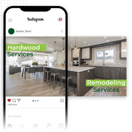 Design-Dynamic-Carousel-Posts-feat-image-v2 An Instagram post by kustom_floors showcases a modern kitchen with text overlays: Hardwood Services on one image and Remodeling Services on another, highlighting their expert social media graphics. The post has 1,945 likes and 78 comments.