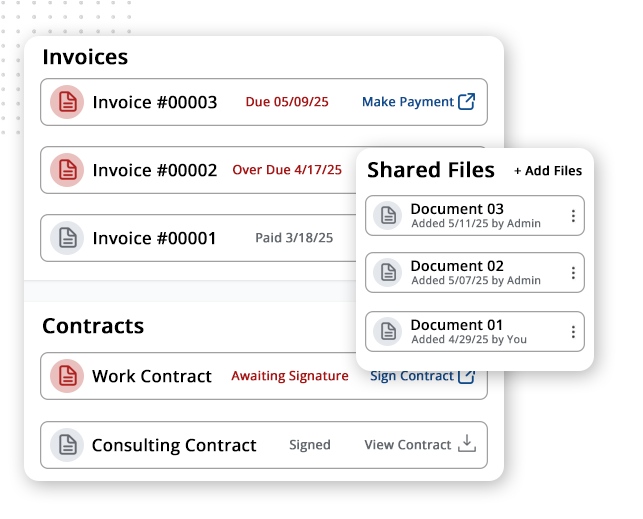 A dashboard in the client portal software displays invoices with payment status, contracts with signing status, and a pop-up titled Shared Files listing three documents with upload dates and authors.
