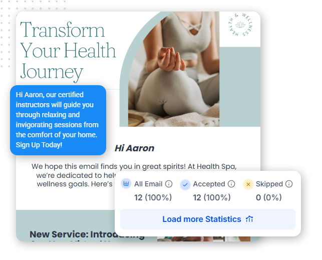 A promotional email for a health spa features a person meditating, highlights certified instructors, and uses crm management software to track email stats—12 sent, all accepted, none skipped. A “Load more Statistics” button invites further insights.