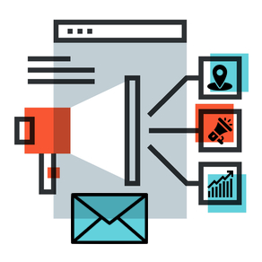 Illustration of a megaphone connected to icons for location, marketing, and growth analytics, highlighting a web browser window and envelope in the background—perfect for showcasing email advertising plans or visualizing a drip campaign.