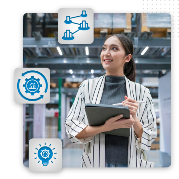 A woman in a striped blazer holds a tablet and pen, standing in a warehouse. Blue business icons surround her, symbolizing innovation—a nod to expert front end developers who bring fresh ideas to custom web development projects.