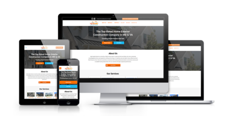 A responsive website for High Quality Exteriors is displayed on a desktop, laptop, tablet, and smartphone, all featuring a consistent design with a header, navigation menu, and About Us section.