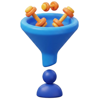 A blue funnel with orange and yellow dumbbells inside is shown above a blue person icon, symbolizing processing or filtering information or choices for a user—an apt visual metaphor for how a gym marketing agency streamlines wellness marketing strategies tailored to individual needs.