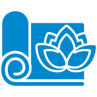 A blue icon of a rolled yoga mat with a stylized lotus flower design on top, symbolizing yoga, meditation, or wellness activities—perfect for wellness marketing or use by a gym marketing agency.