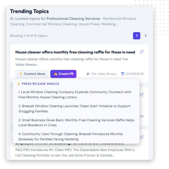 A screenshot of a web page showing trending topics for professional cleaning services. One topic highlights a house cleaner's free cleaning raffle, showcasing press release marketing angles and credibility boosters with buttons for creating press releases.