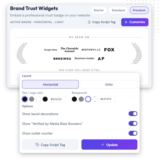 A website interface for creating Brand Trust Widgets with credibility boosters—customize layout, colors, and display settings, showcase media logos, and copy a script tag to enhance your press release marketing efforts.