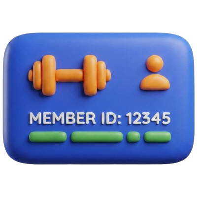 Blue rectangular card with an orange dumbbell, a person icon, the text MEMBER ID: 12345, and two green bars, resembling a gym membership card—perfect for showcasing your brand with the help of a leading gym marketing agency or wellness marketing campaign.
