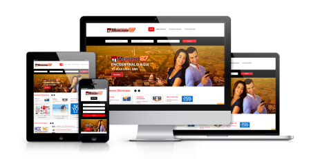A website displayed on desktop, laptop, tablet, and smartphone screens, showing a couple smiling with Spanish text and navigation menus from mercado 87, demonstrating responsive web design across multiple devices.