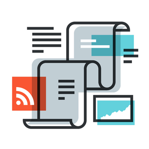 Illustration of two overlapping scrolls with text lines, a red RSS feed icon, and a chart trending upward, symbolizing digital content or online articles—ideal for showcasing an email marketing agency or effective email advertising plans.