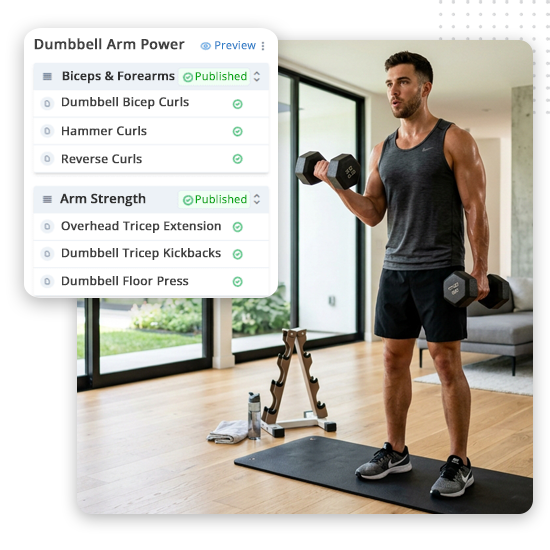 Online-gym-courses-feat-img A man in workout clothes does biceps curls with dumbbells on a mat indoors. A workout app on the left lists arm exercises like curls and extensions, demonstrating the kind of engaging routines often promoted by a leading gym marketing agency.