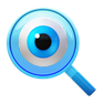 A blue magnifying glass with the lens designed to look like a blue eye, featuring a black pupil and light blue iris—perfect for highlighting your PR agency’s press release distribution services.