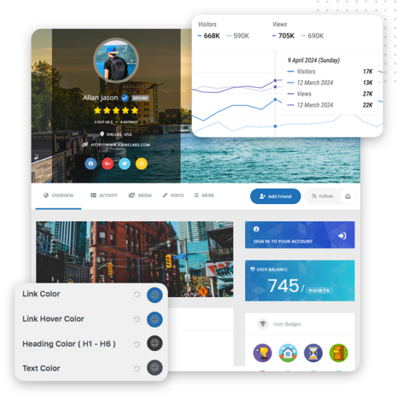A user profile dashboard for expert front end developers, featuring analytics charts, user info, badges, activity feed, and customization settings for link, hover, heading, and text colors—ideal for a custom WP website.