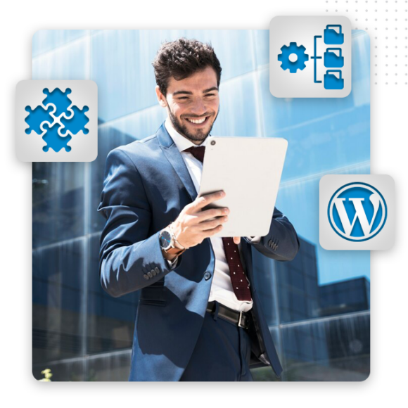 A smiling man in a suit stands outside a glass building, holding a tablet. WordPress, puzzle piece, and gear icons appear around him, highlighting expert front end developers and custom web development solutions.