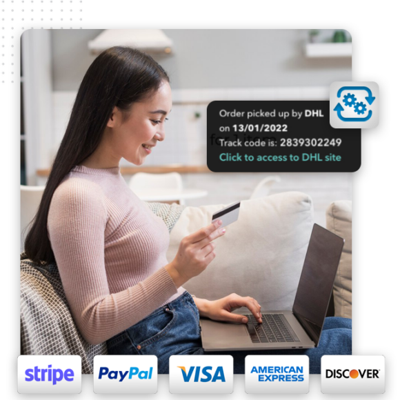 A woman sits on a sofa holding a credit card and using a laptop, likely browsing a custom WP website. A DHL order pickup notification appears, along with payment logos for Stripe, PayPal, Visa, American Express, and Discover.