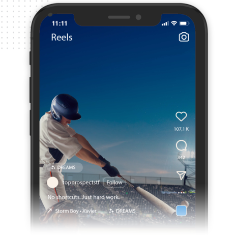 Produce-Viral-Short-Videos-img A smartphone screen displays a social media reel of a baseball player swinging a bat, with engagement icons showing likes, comments, and shares on the right side—highlighting dynamic social media graphics.
