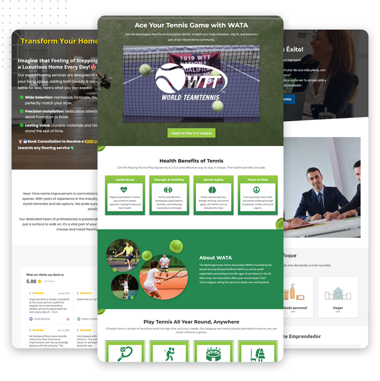 Professionally Designed Sales Funnel Image A website landing page promoting a tennis program overlays two other blurred web pages, guiding visitors through a marketing sales funnel. The tennis page features a green header, health benefits icons, tennis images, and a call-to-action button to apply.