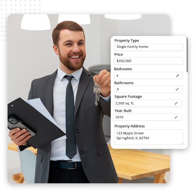 Real-Estate-CRM-Platform-feat-img-v2 Smiling man in a suit holding keys and documents. Next to him, a property listing displays details for a single-family home: $350,000, 4 bedrooms, 3 bathrooms, 2,500 sq. ft., built in 2010, at 123 Maple St., Springfield, IL—a perfect showcase of effective Real Estate Marketing Strategies in action.