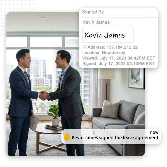 Real-Estate-conversion-tools-feat-img Two men in suits shake hands in an office. An overlay shows a digital signature by Kevin James, with signing details, and a notification says, Kevin James signed the lease agreement. This moment highlights the success of effective Real Estate Marketing Strategies in driving seamless transactions.