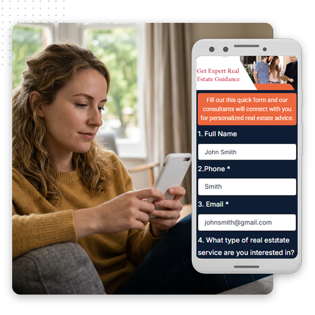 Real-Estate-form-feat-img A woman sits on a couch using her phone. On the right, a phone screen displays a real estate inquiry form with fields for name, phone, email, and service type—demonstrating effective Real Estate Lead Generation as part of modern Real Estate Marketing strategies.