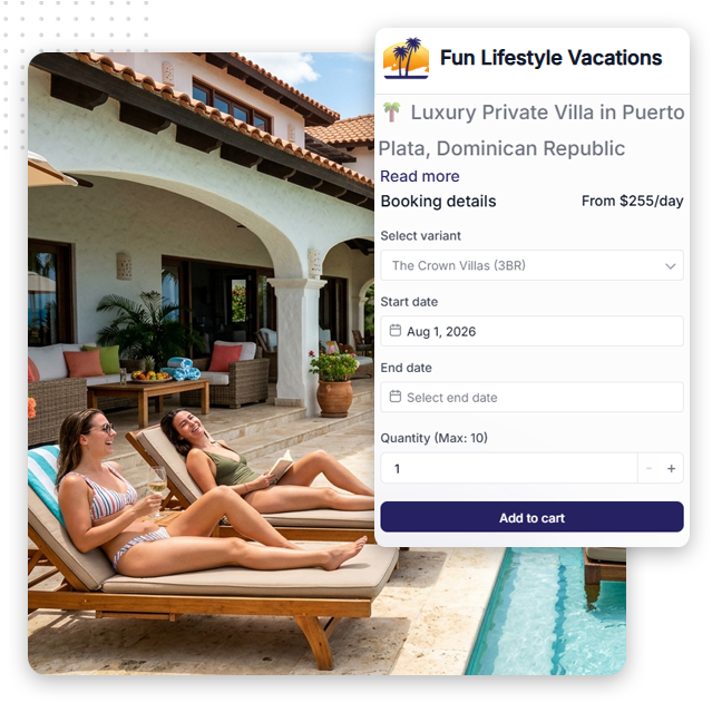 Real-Estate-rentals-calendars-feat-img Two women relax on lounge chairs by a sunlit pool outside a villa, perfectly capturing the essence of luxury living. On the right, a booking form for a luxury villa in Puerto Plata, Dominican Republic demonstrates effective real estate lead generating strategies tailored to attract discerning travelers and potential buyers alike.