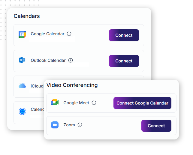 Screenshot of a web interface in client portal software, showing options to connect Google, Outlook, and iCloud calendars, plus integration with Google Meet and Zoom for business automation. Each option has a “Connect” button.