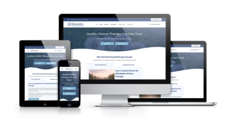 Four devices (smartphone, tablet, laptop, and desktop computer) display the Serenity Psychotherapy Group website homepage, featuring a calm blue and white color scheme and the header “Quality Clinical Therapy You Can Trust.”.