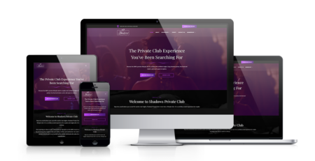 Four electronic devices—a smartphone, tablet, laptop, and desktop computer—display the same website with a purple theme and the text “The Shadows Private Club Experience You’ve Been Searching For.”.